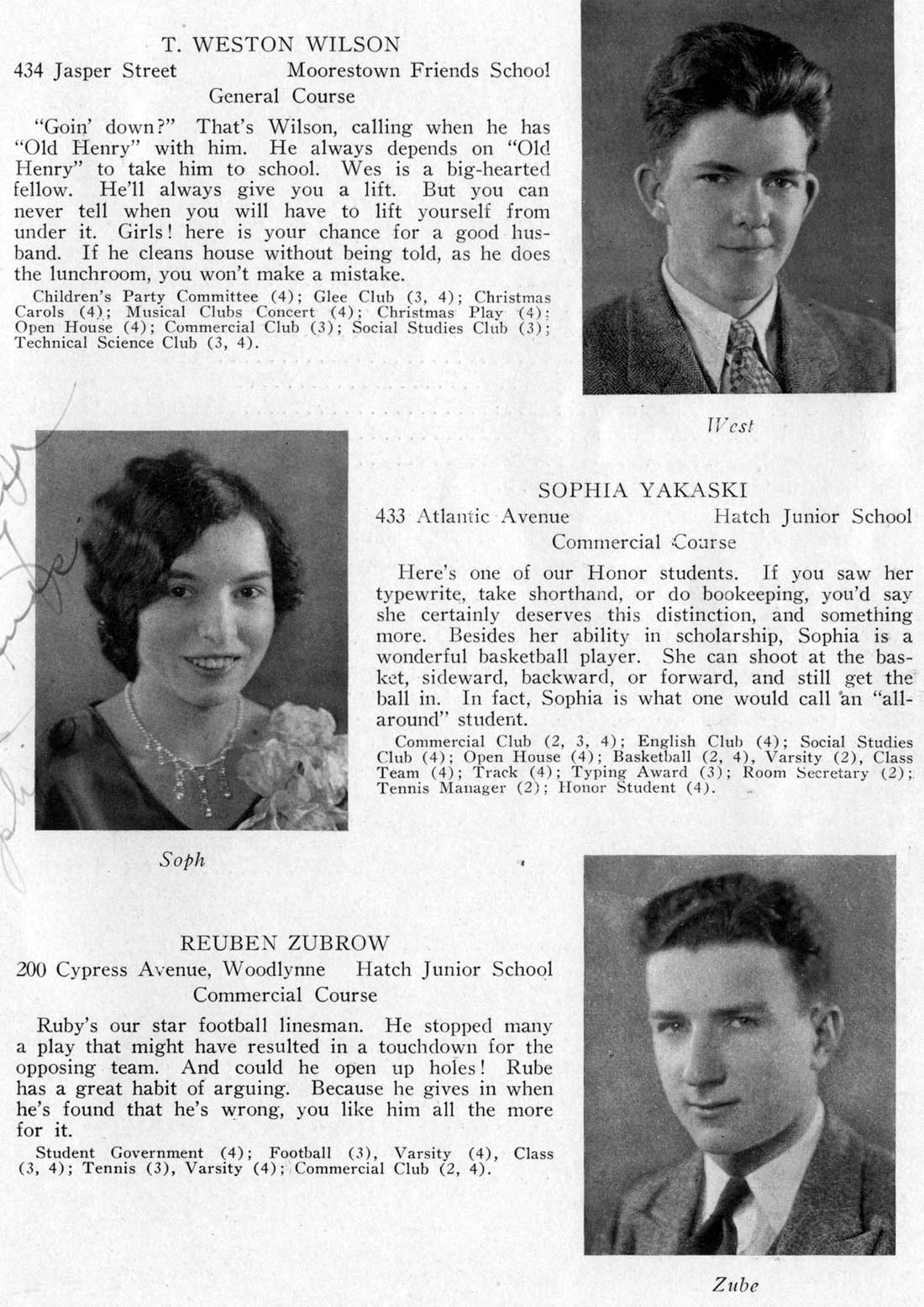 Class portraits: T. Weston Wilson, Sophia Yakaski, Reuben Zubrow