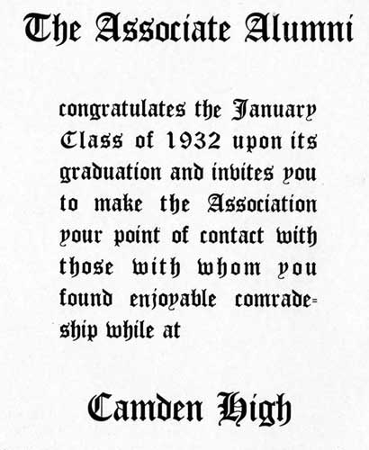 President's message page, Camden High School June 1932 yearbook