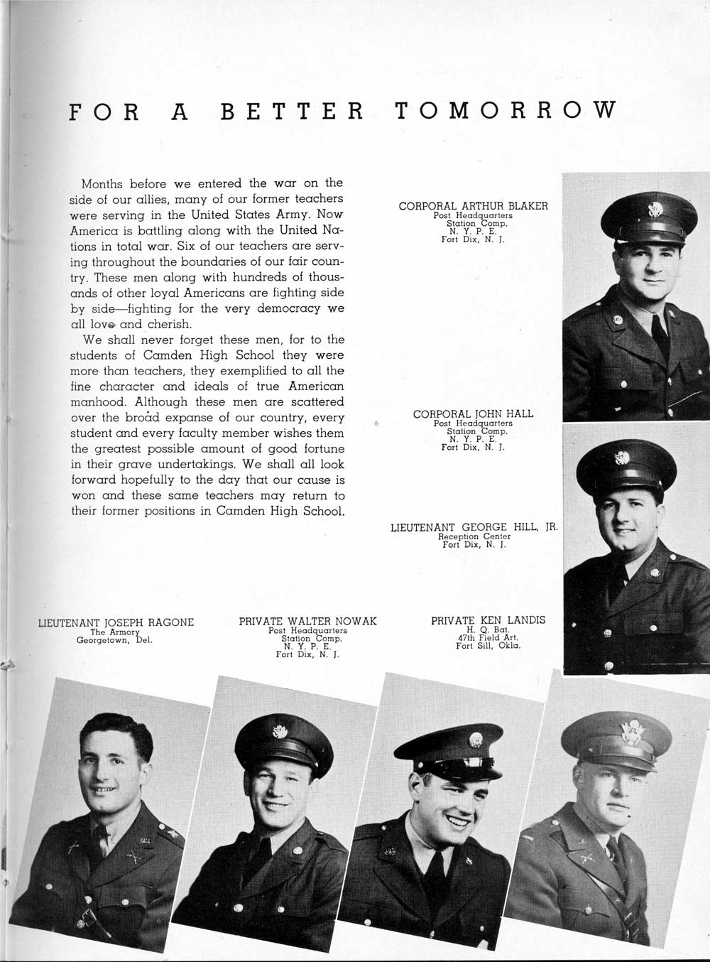 Page 7 — For a Better Tomorrow: Corporal Arthur Blaker, Corporal John Hall, Lieutenant George Hill Jr., Private Ken Landis, Private Walter Nowak, Lieutenant Joseph Ragone