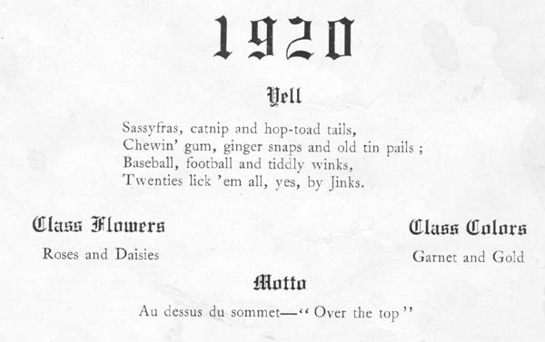 Class of 1920 section from the 1919 yearbook