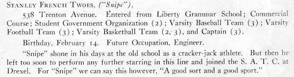 Stanley F. Twoess, Class of 1919