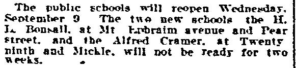 Philadelphia Inquirer, September 14, 1914 — article about Henry L. Bonsall School and Alfred Cramer School opening