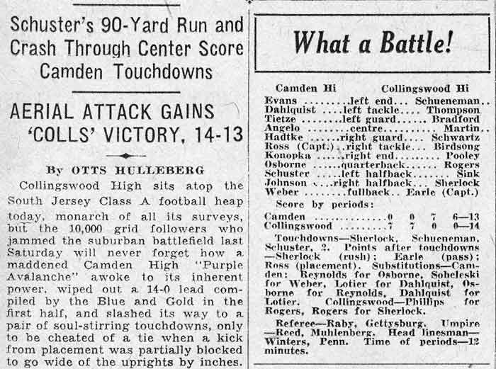 Schuster’s 90-Yard Run and Crash Through Center Score Camden Touchdowns - Camden Courier-Post, October 26, 1931
