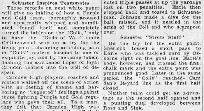 Schuster’s 90-Yard Run and Crash Through Center Score Camden Touchdowns - Camden Courier-Post, October 26, 1931