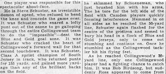 Schuster’s 90-Yard Run and Crash Through Center Score Camden Touchdowns - Camden Courier-Post, October 26, 1931