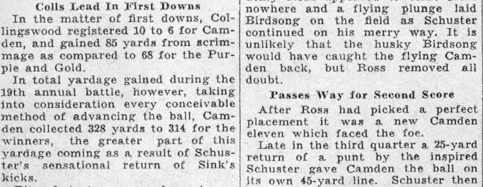 Schuster’s 90-Yard Run and Crash Through Center Score Camden Touchdowns - Camden Courier-Post, October 26, 1931