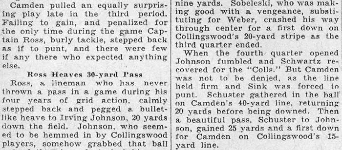 Schuster’s 90-Yard Run and Crash Through Center Score Camden Touchdowns - Camden Courier-Post, October 26, 1931
