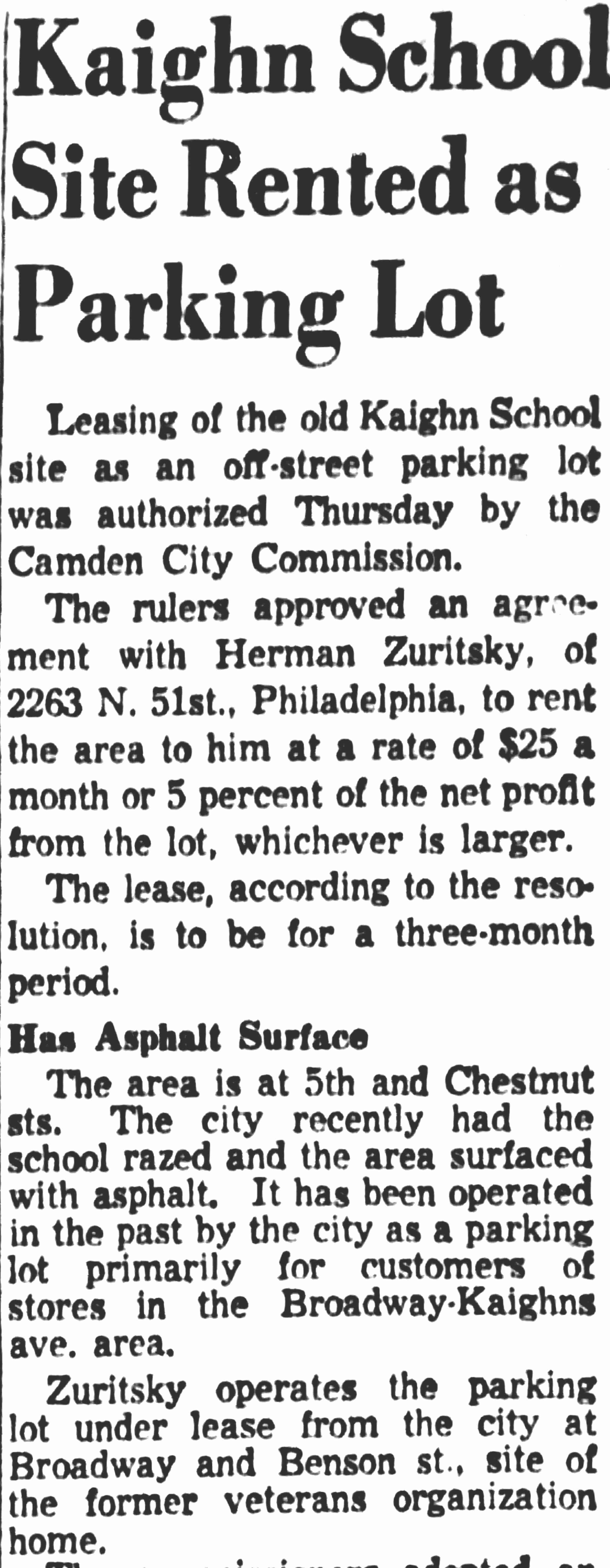 Camden Courier-Post, August 10, 1956 — Kaighn School site rented as parking lot
