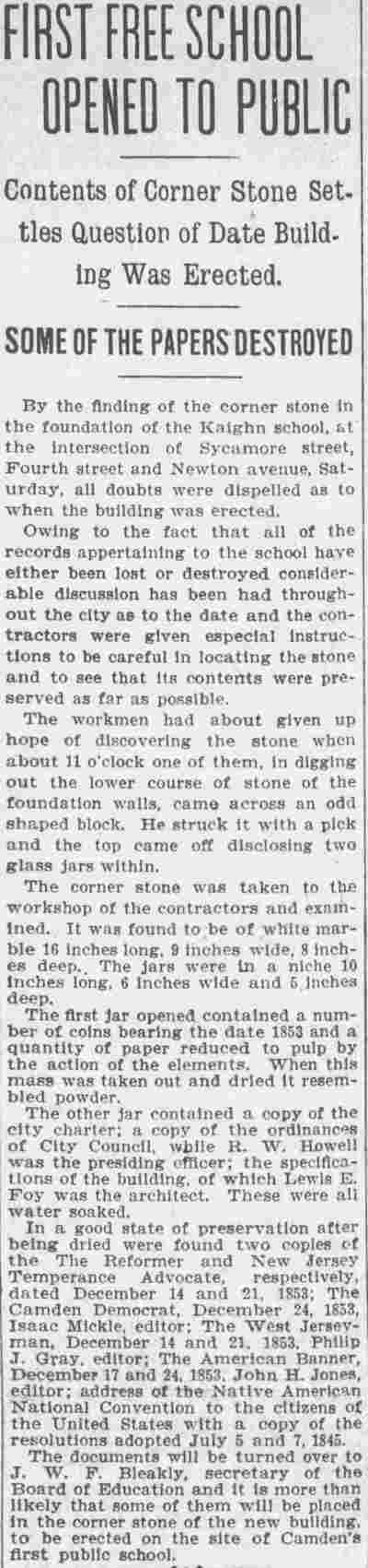 Camden Post-Telegram clipping, September 12, 1904 — Kaighn School cornerstone