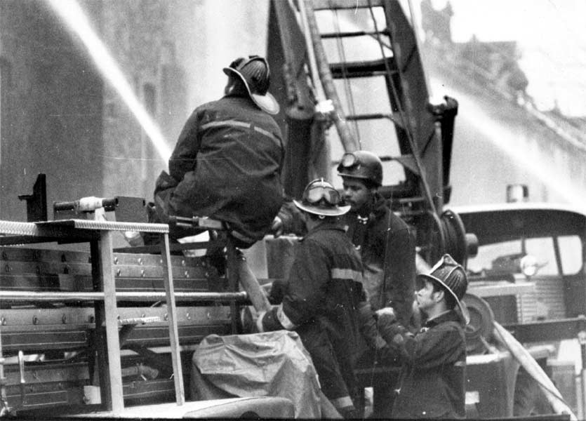 Firefighters battling the Mickle School fire, March 7, 1971