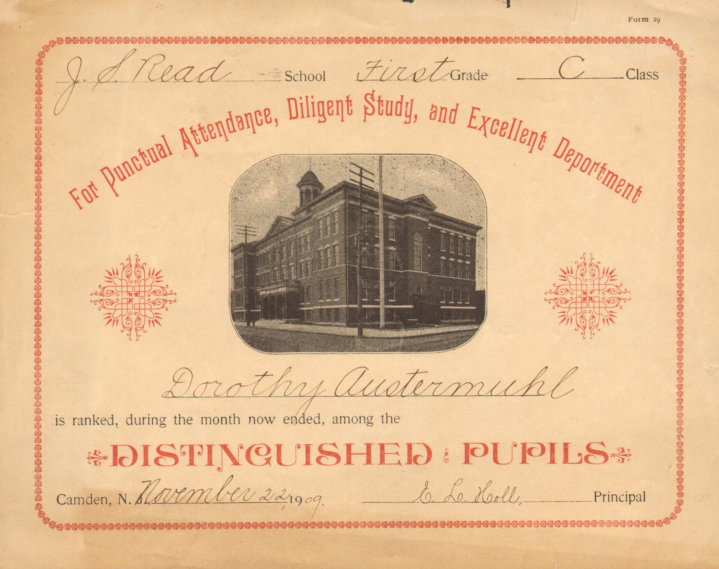 John S. Read School diploma, November 22, 1909
