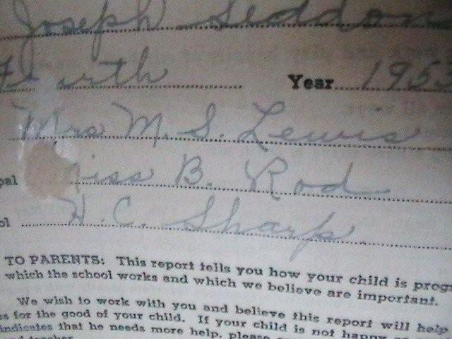 H.C. Sharp School report card interior, 1953-1954