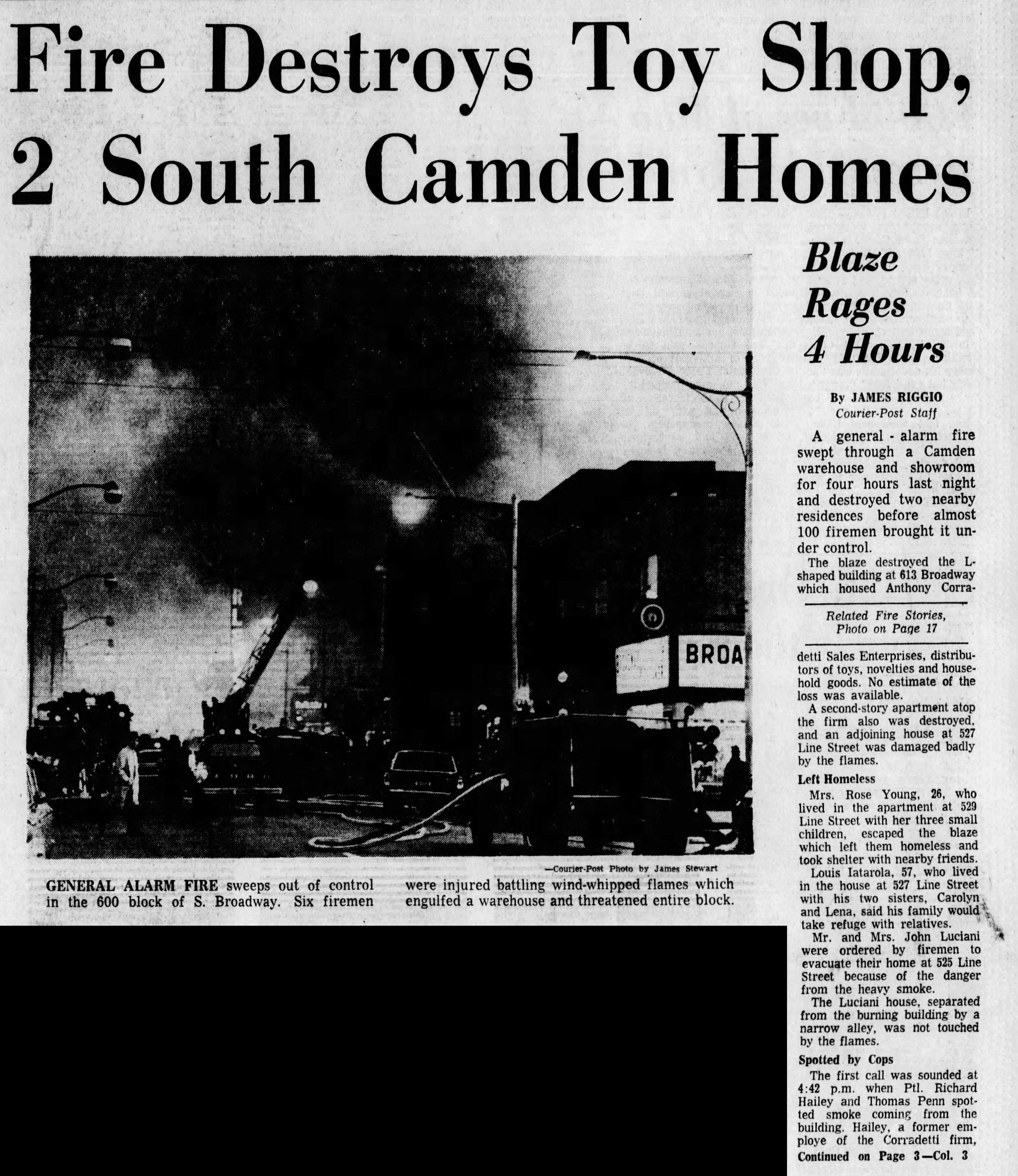 Fire Destroys Toy Shop, 2 South Camden Homes — general alarm fire at 613 Broadway, March 8, 1967