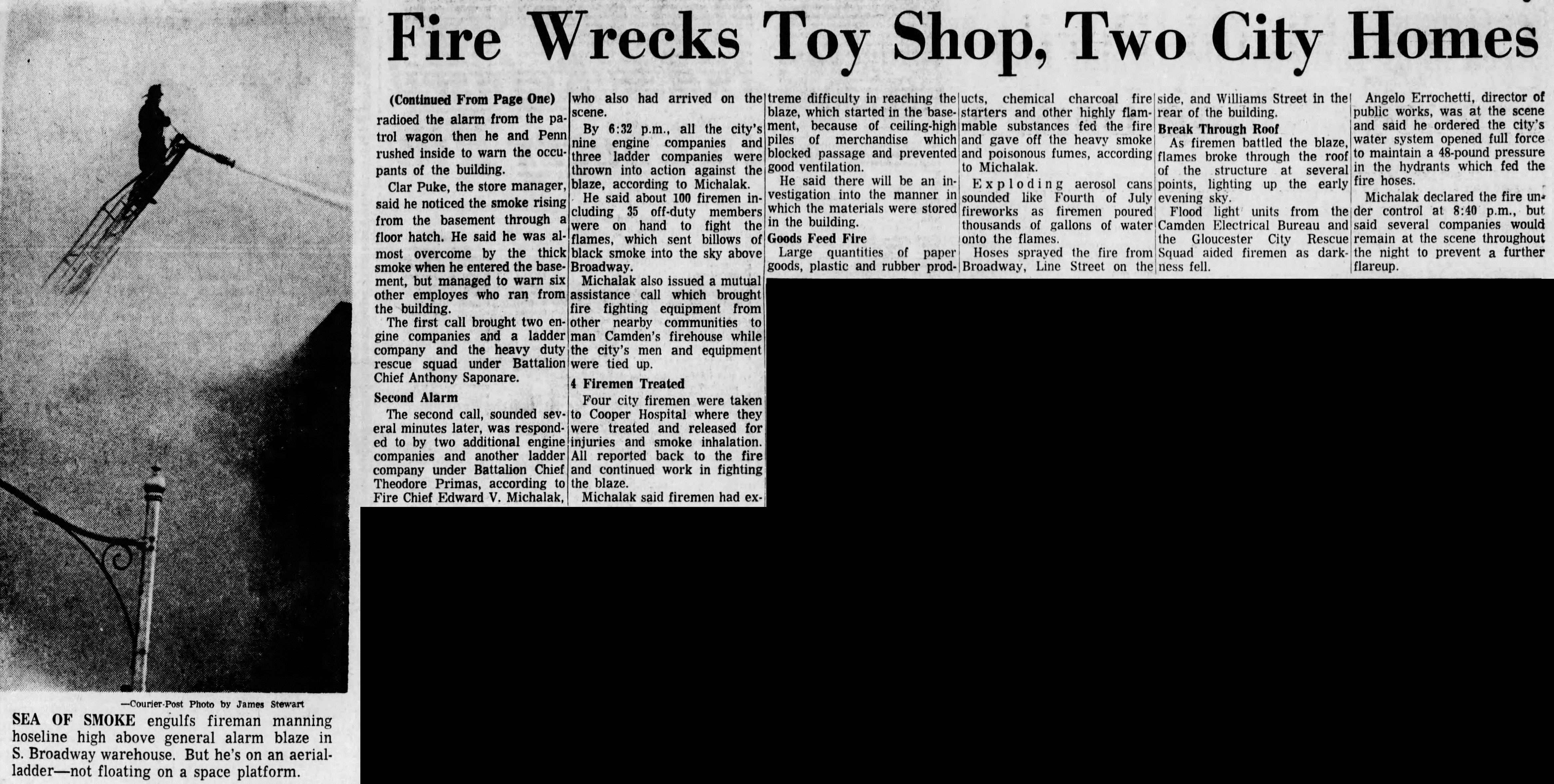 Fire Wrecks Toy Shop, Two City Homes — continuation article