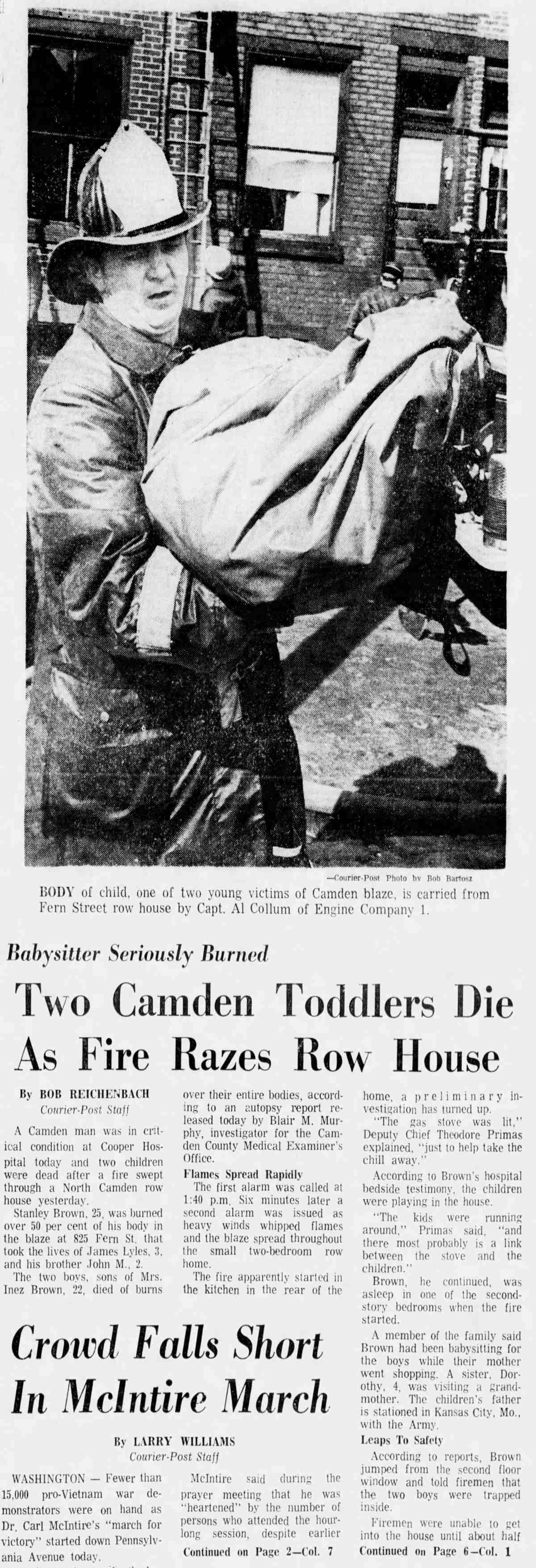 Two Camden Toddlers Die As Fire Razes Row House — article, April 4, 1970