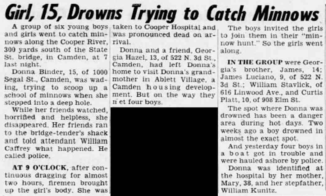 Philadelphia Daily News coverage of the Donna Binder drowning, May 22 1962