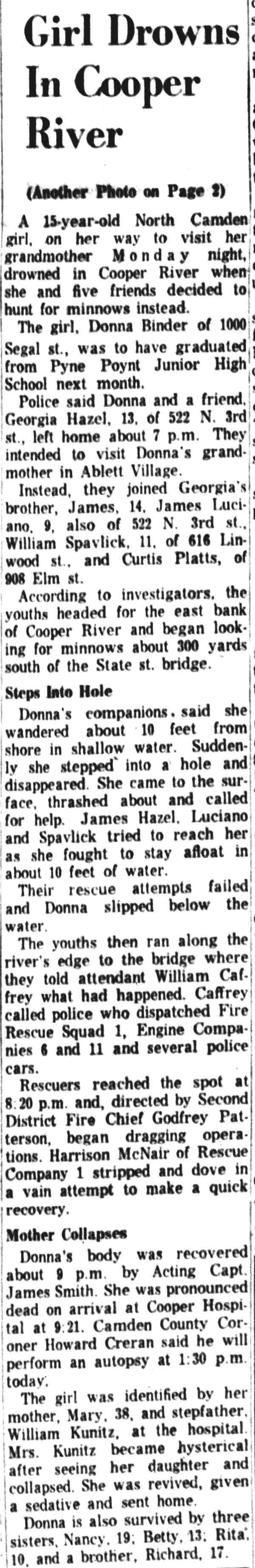 Girl Drowns In Cooper River - Camden Courier-Post, May 22, 1962