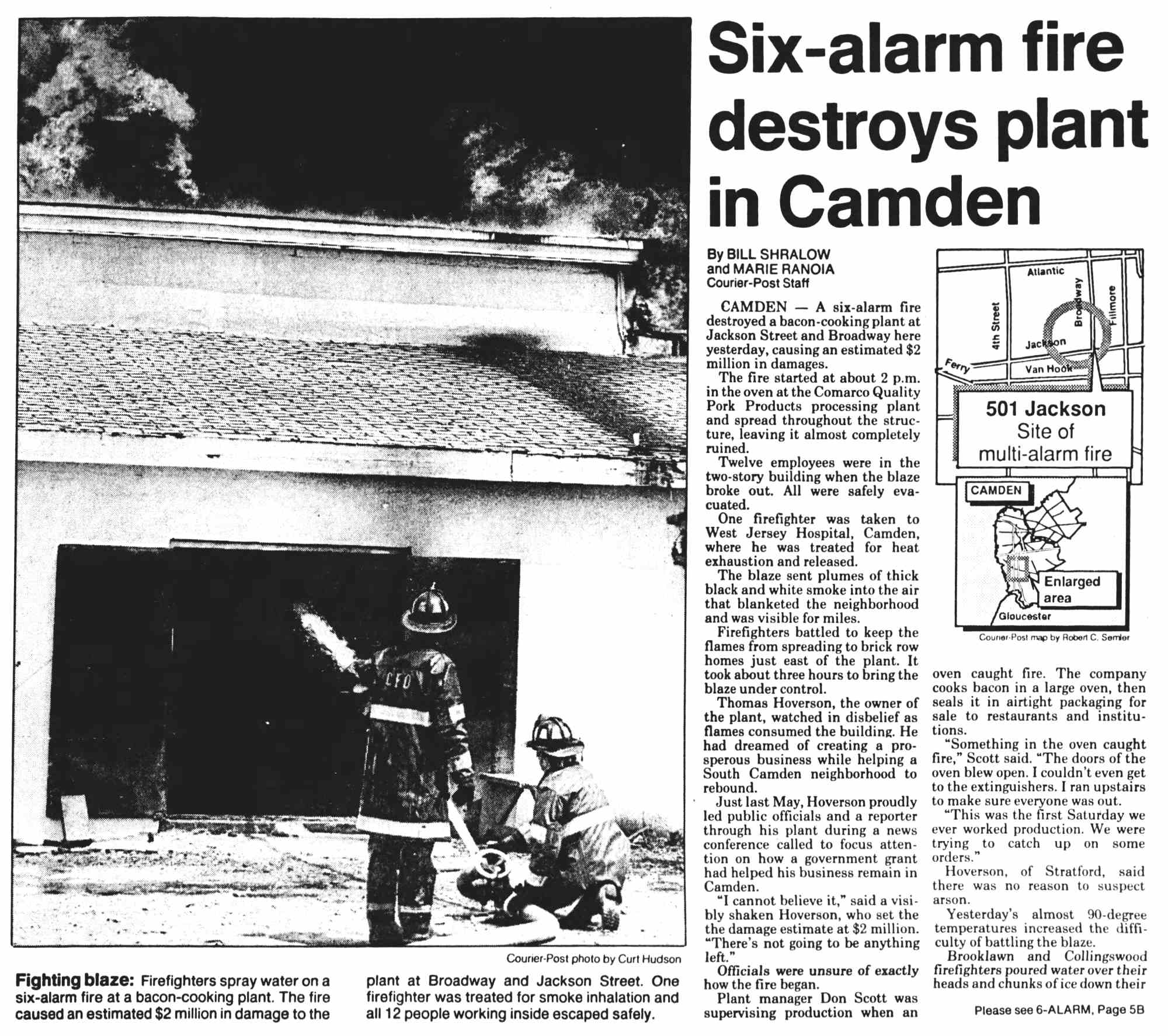 Camden Courier-Post, July 1, 1990 — Six-Alarm Fire Destroys Plant in Camden (article)