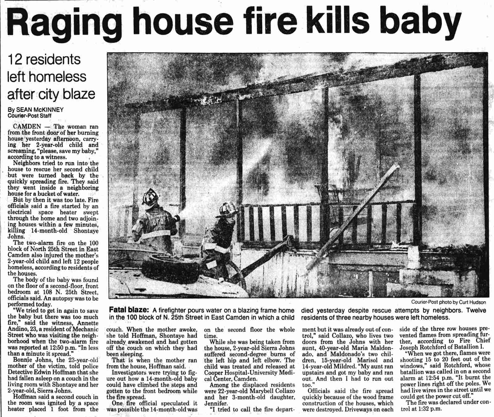 Camden Courier-Post, September 30, 1988 — Raging House Fire Kills Baby (article)