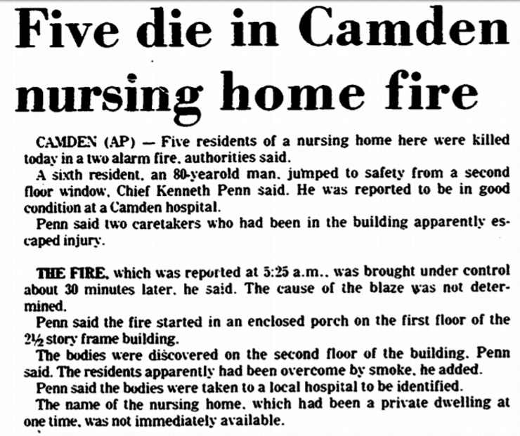 Trenton Evening Times, November 23, 1977 — Five Die in Camden Nursing Home Fire (article)