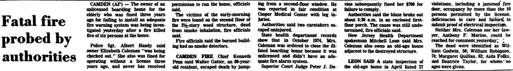 Trenton Evening Times, November 24, 1977 — Fatal Fire Probed by Authorities (article)
