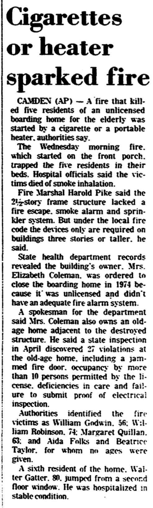 Trenton Evening Times November 24, 1977 — Cigarettes or heater sparked fire