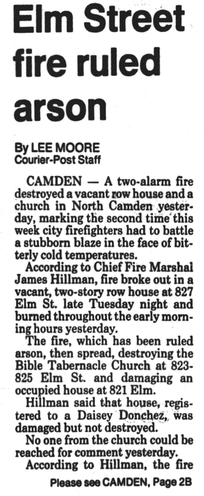 Camden Courier-Post, December 21, 1989 — Elm Street Fire Ruled Arson (article)
