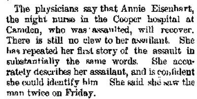 Trenton Times, January 28, 1889 — nurse Eisenhardt will recover
