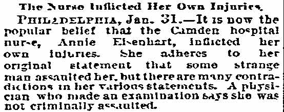 Kansas City Star, January 31, 1889 — The Nurse Inflicted Her Own Injuries