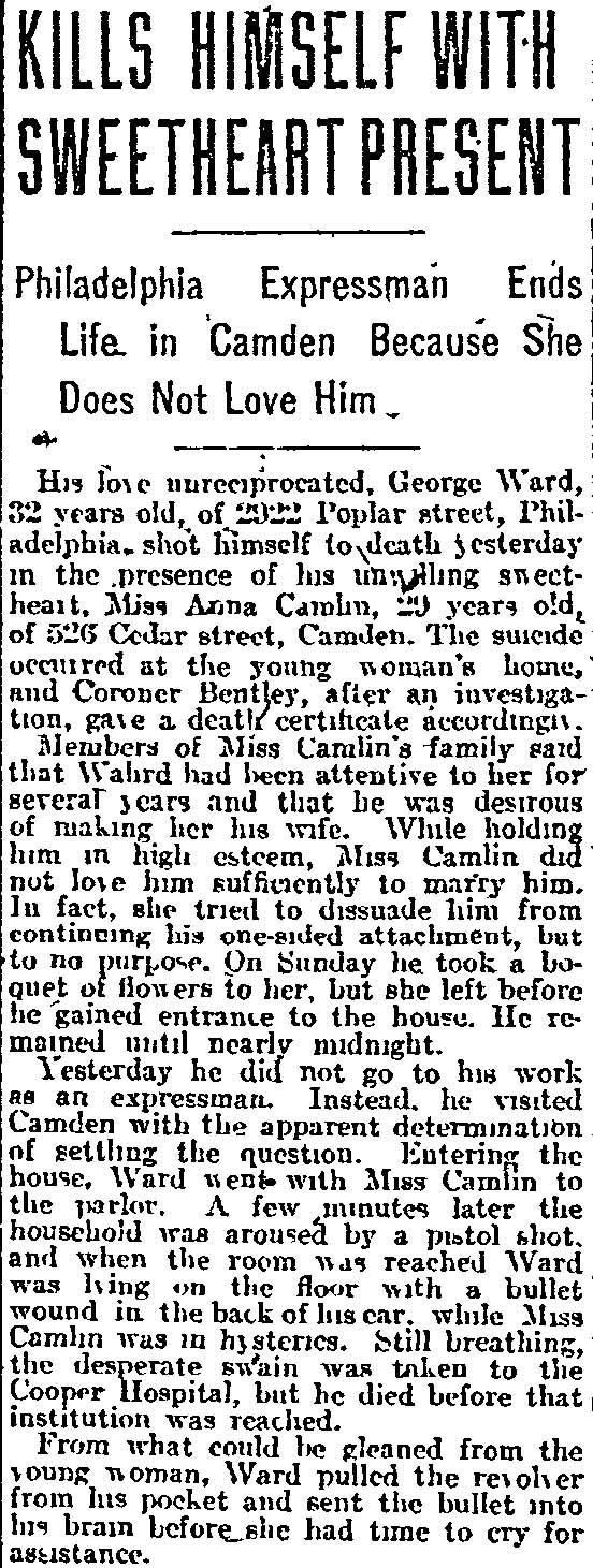 Philadelphia Inquirer, February 18, 1913 — Kills Himself With Sweetheart Present