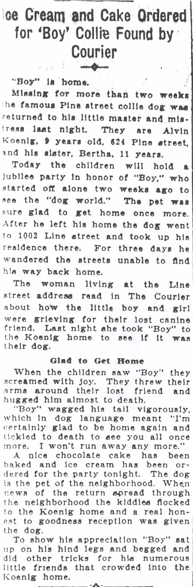 Camden Evening Courier, May 22, 1925 — Pine Street Gay as Dog Returns