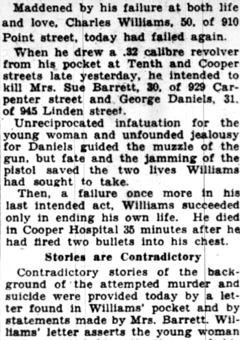 Camden Courier-Post, January 14, 1928 — Man Fires on Pair in Car, Kills Self (article)