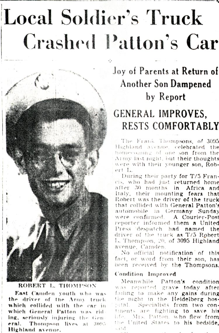 Local Soldier's Truck Crashed Patton's Car - Camden Courier-Post — December 12, 1945