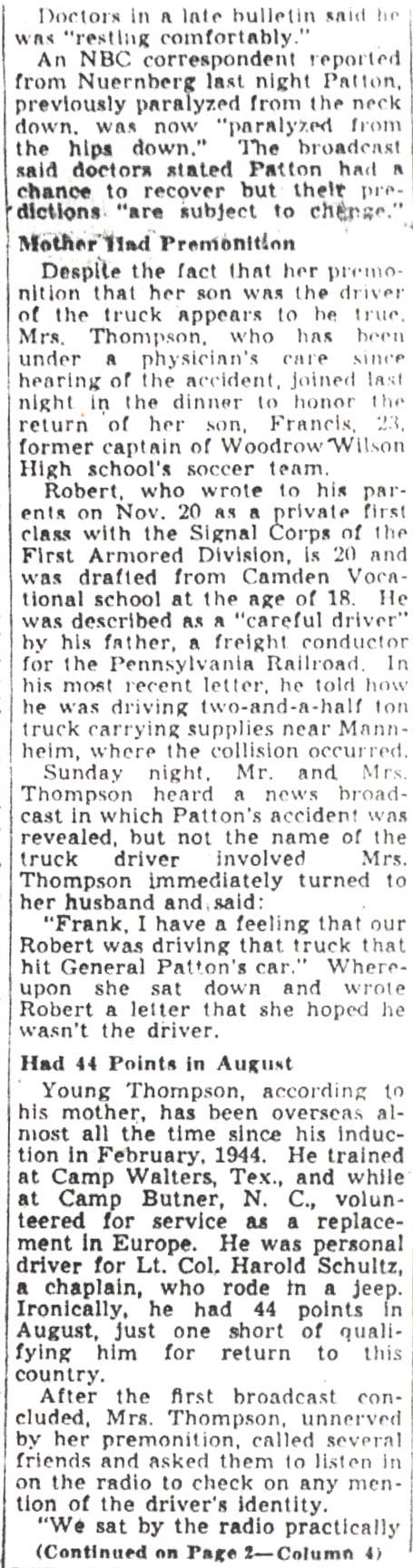 Local Soldier's Truck Crashed Patton's Car - Camden Courier-Post — December 12, 1945