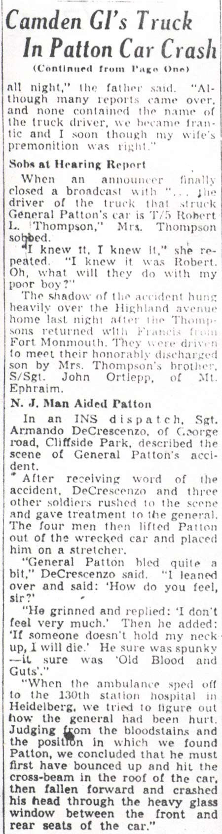 Local Soldier's Truck Crashed Patton's Car - Camden Courier-Post — December 12, 1945