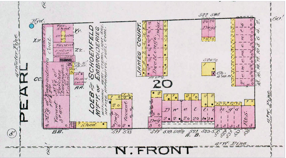 Sanborn Map showing south of James Court — Loeb & Schoenfeld Lace Factory site