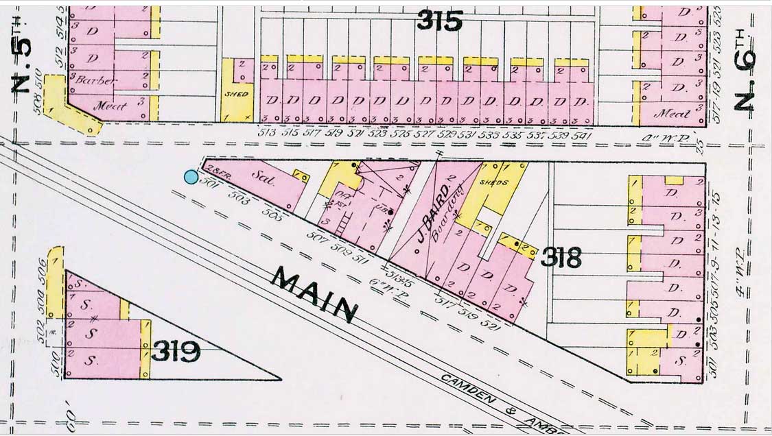 1891 Sanborn fire insurance map showing the 500 block of Main Street and Birch Street, Camden