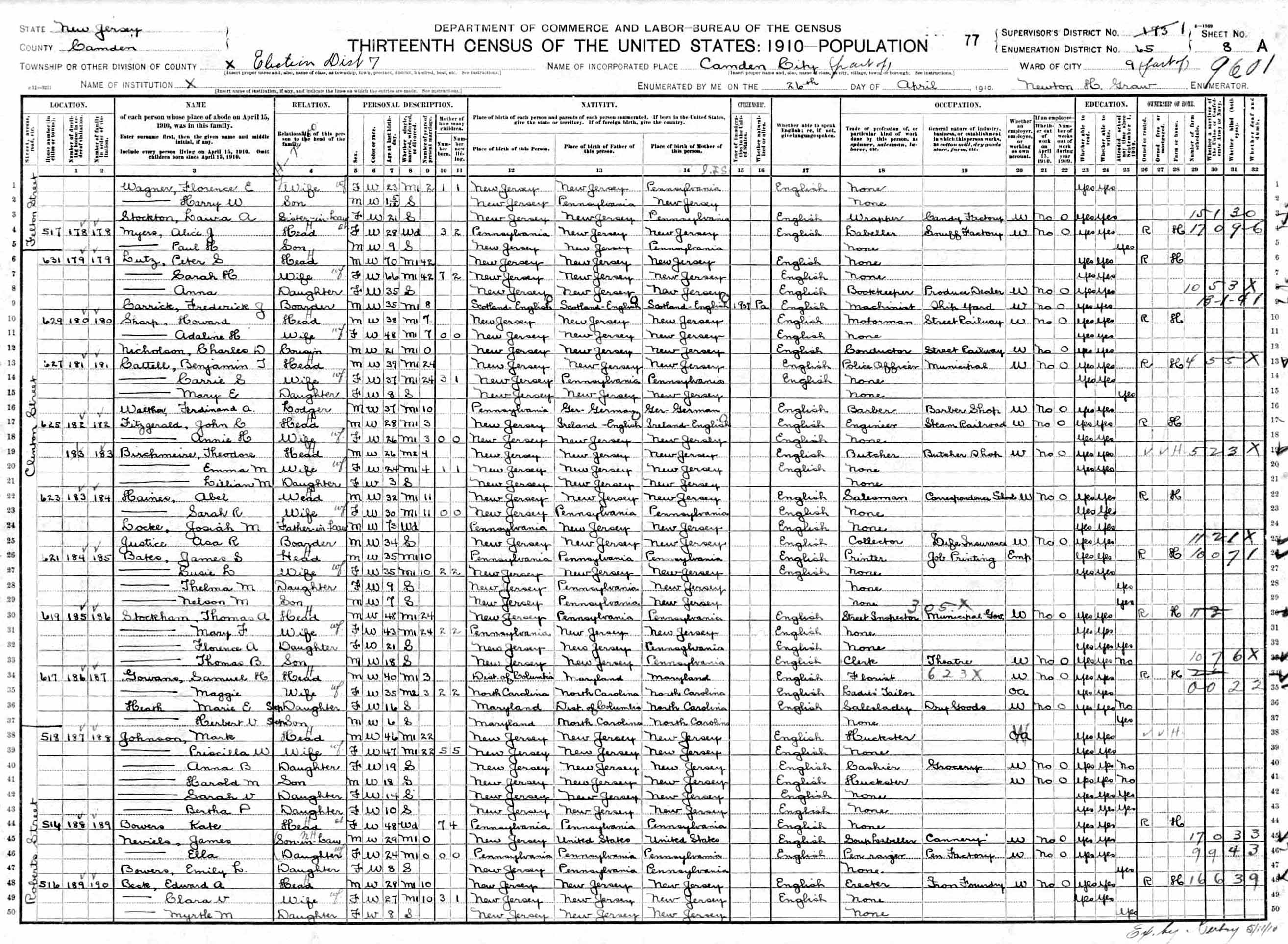 1910 Census — Felton Street, Camden, NJ (sheet 2)