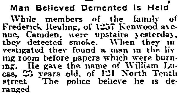 Philadelphia Inquirer, April 15, 1917 — man found at 1257 Kenwood Avenue home of Frederick Reuling