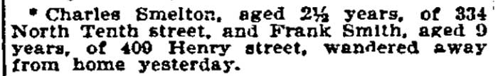 Philadelphia Inquirer news brief, May 1, 1896 — Frank Smith of Henry Street