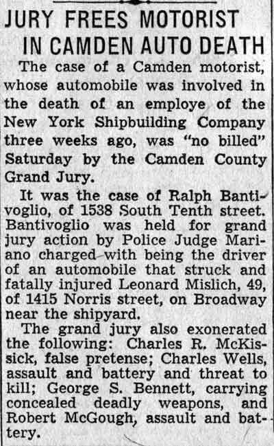 Jury Frees Motorist in Camden Auto Death, February 21, 1938