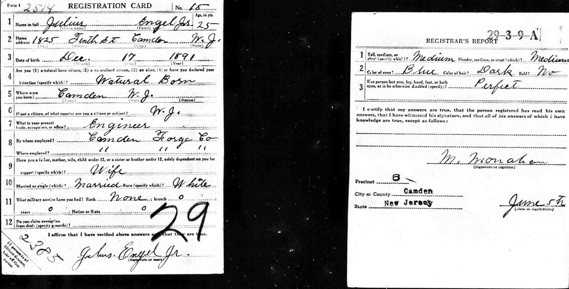 WWI Draft Registration Card for Julius Engel Jr., 1825 10th Street, Camden, N.J.