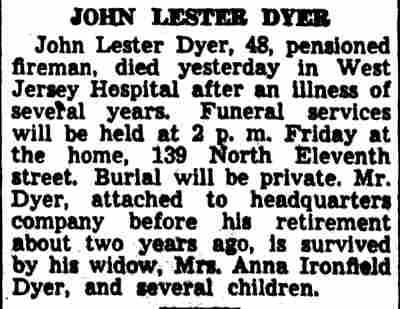 John Lester Dyer obituary, Camden Courier-Post, March 23, 1938