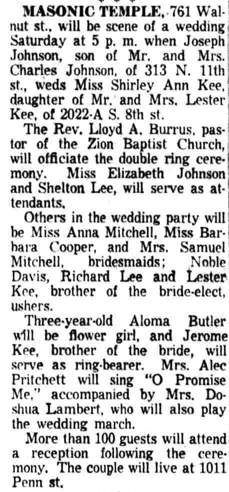 Camden Courier-Post, October 7, 1953 — Johnson-Kee wedding announcement
