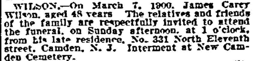 James Carey Wilson death notice, Philadelphia Inquirer, March 10, 1900