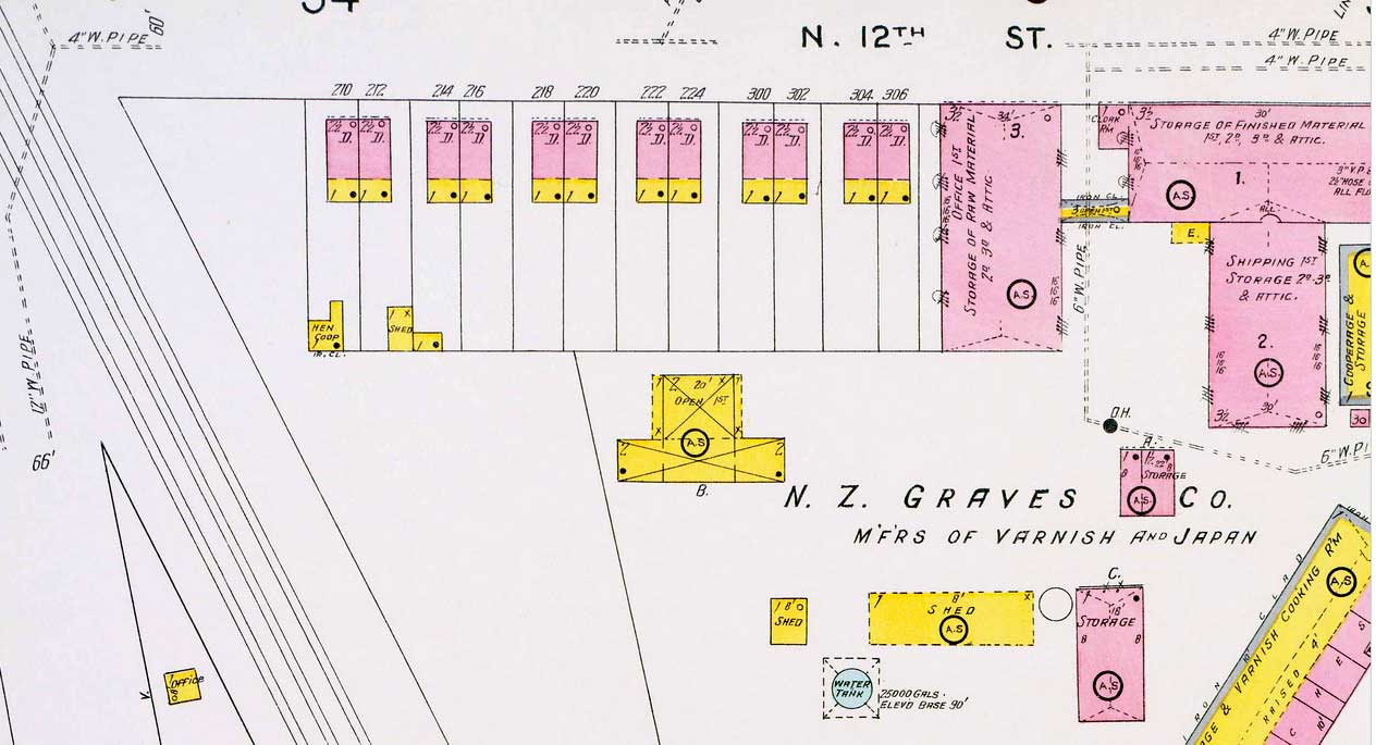 Sanborn fire insurance map, North 12th Street, 1906 — addresses 210–212, 214–216, 218–220, 222–224, 300–302, 304–306