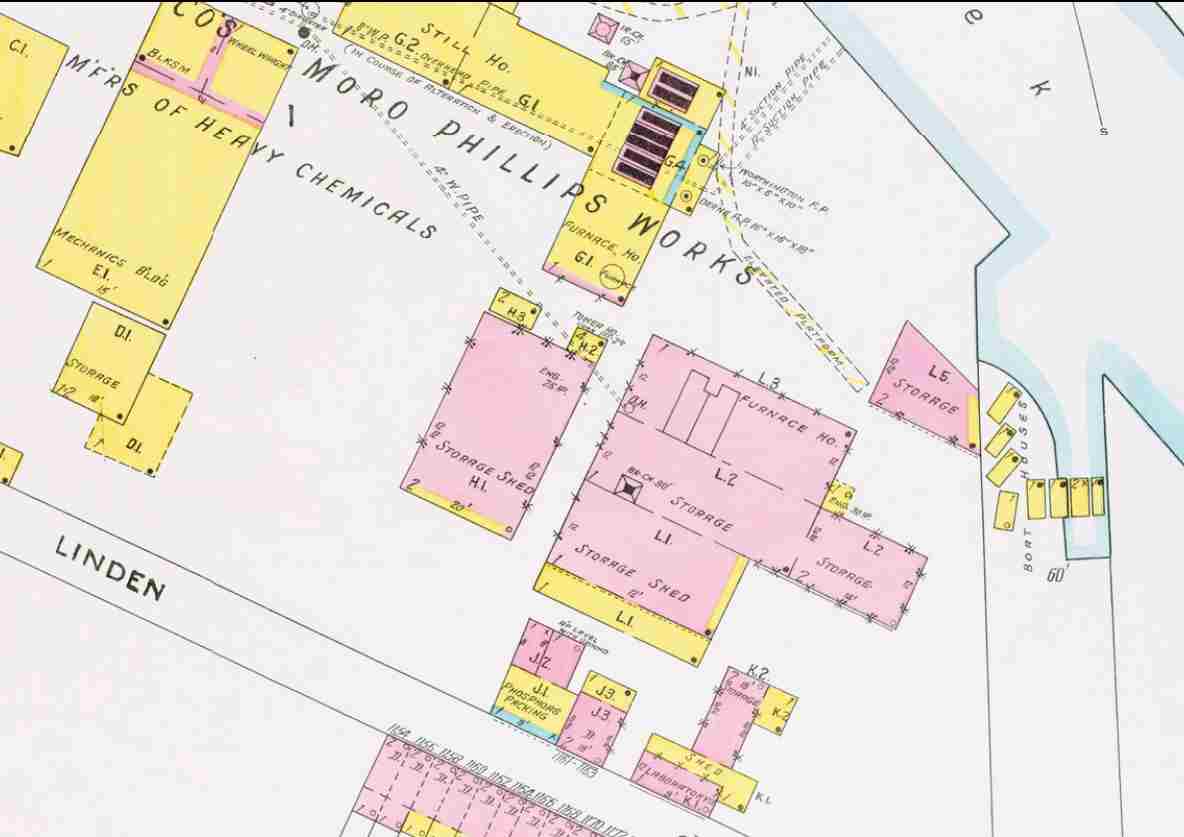 Sanborn fire insurance map, 1906 — boathouses on North 12th Street at the Cooper River