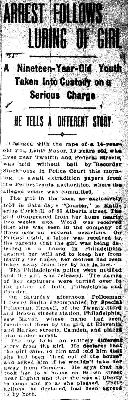 Camden Daily Courier, August 22, 1910 — Arrest Follows Luring of Girl, Louis Mayer