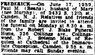 Camden Courier-Post, June 20, 1959 — Frederick death notice, 2432 South 12th Street