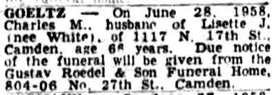Obituary for Charles M. Goeltz, Camden Courier-Post, June 28, 1958
